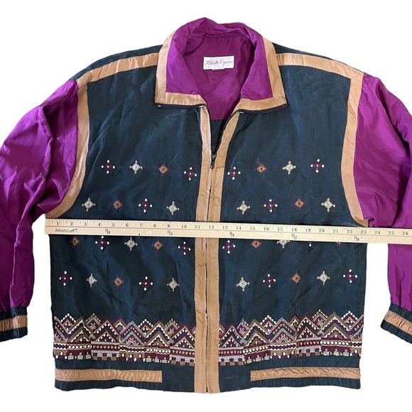 90S VINTAGE SILK Black Purple Tan Aztec Western Tribal Print Boho Windbreaker - Picture 6 of 6